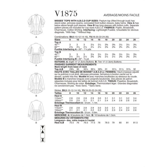 Vogue Patterns V1875 Sewing Pattern Womens 8-16 Peplum Tops Ruched Sleeves - Picture 2 of 7
